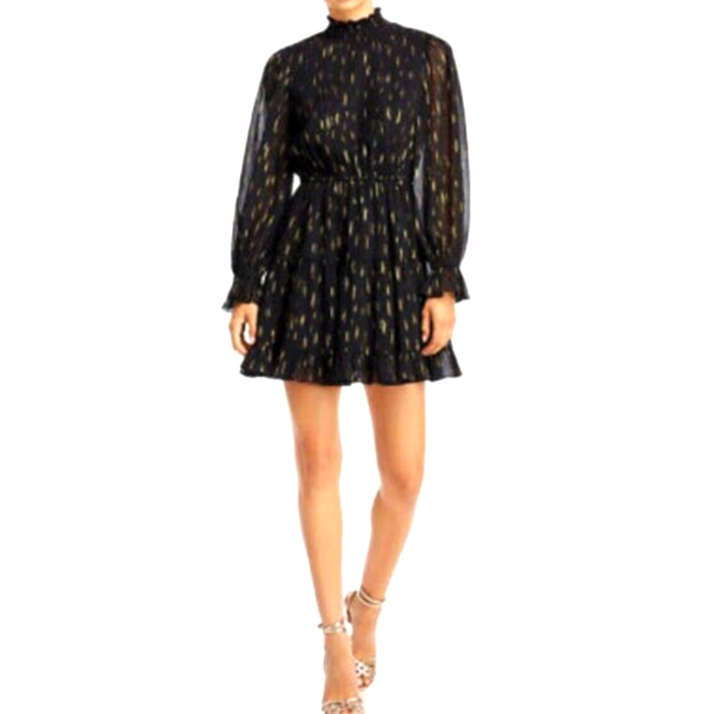 AQUA Mock Neck Black and Gold Ruffle Dress